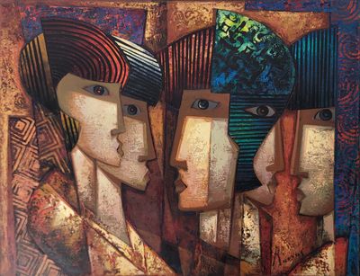 peinture abstraite représentant trois femmes coiffées de chapeaux