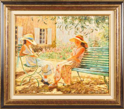 painting of two women sitting on a bench in a garden