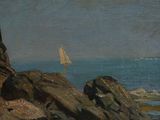 a painting of a sailboat on the water near a rocky shore