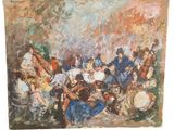 painting of a group of people playing instruments in front of a crowd