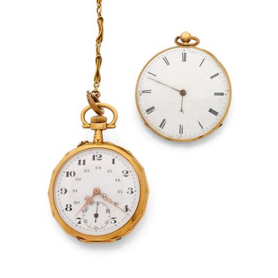 two clocks hanging from a chain on a white background