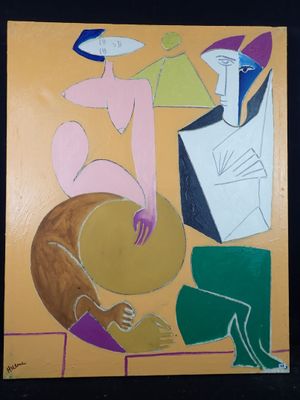 l'image d'un tableau représentant un homme et une femme assis sur un canapé