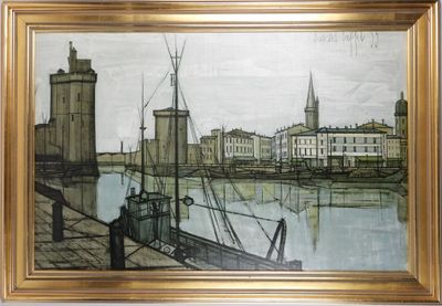 a picture of a painting of a city by the water