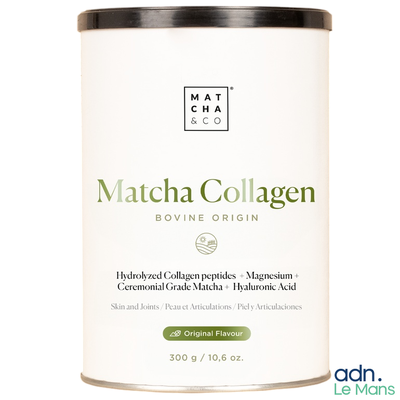 une photo d'une boîte de collagène au matcha sur fond blanc