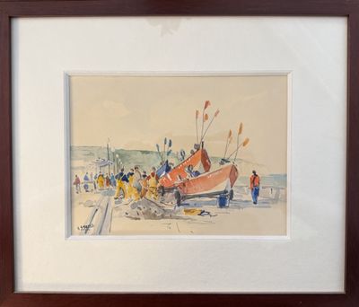framed watercolor painting of a boat on a beach with people around it