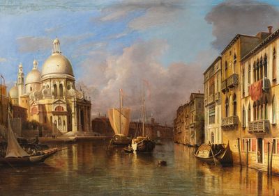 un tableau représentant un canal avec des bateaux dessus