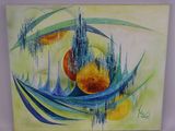 peinture abstraite représentant des oranges et des feuilles bleues sur fond jaune