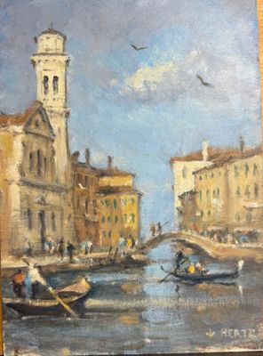 tableau représentant une scène de canal avec des bateaux et des personnes sur l'eau