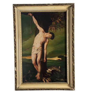 an oil painting of a man on a tree with a snake