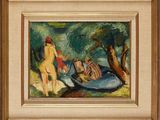 tableau représentant une femme dans un bateau, avec un homme en arrière-plan