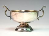 a silver bowl with handles on a white surface