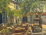 an oil painting of a courtyard with a bench in the foreground