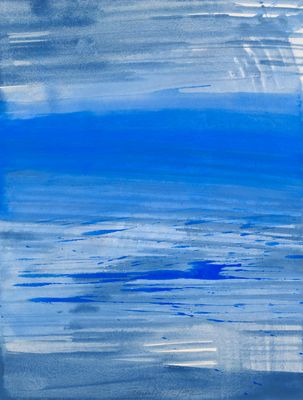 peinture abstraite à l'aquarelle, dans des tons bleus et blancs, sur fond blanc