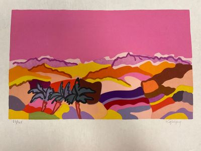 an image of a painting of a landscape with a palm tree in the foreground