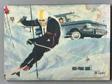 painting of a man skiing down a snowy hill with a car in the background