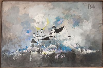 peinture représentant un tableau d'un château sur une colline, avec la pleine lune en arrière-plan