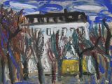 a painting of a building with a yellow box in front of it