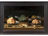 a picture of a painting of fruit and bread on a table