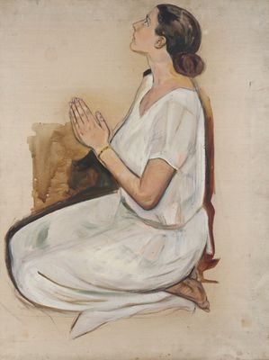 tableau représentant une femme en robe blanche assise sur une chaise