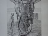 a drawing of an elephant that is standing in the water