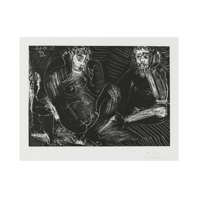 a black and white drawing of two people sitting on a bench