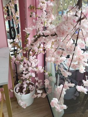 a vase with pink flowers in it next to a mirror