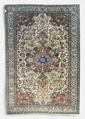 un tapis oriental avec un motif de médaillon sur fond blanc