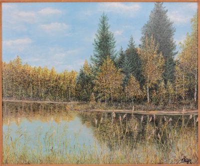 une photo d'un tableau représentant un lac dans les bois