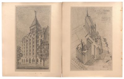 un vieux livre contenant deux dessins représentant un bâtiment et une tour horloge