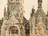 une aquarelle représentant une église avec un clocher