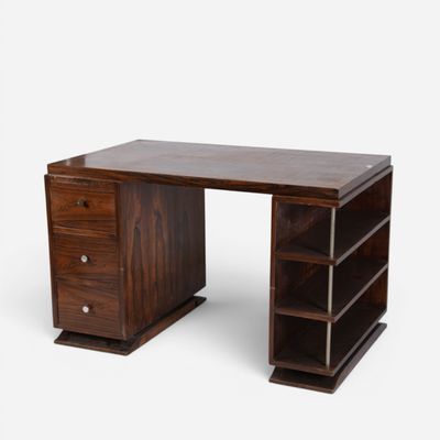 a wooden desk with drawers and shelves on it