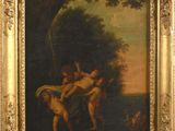 une peinture à l'huile représentant un groupe de nus dans un décor boisé