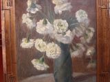 a painting of a vase with white flowers in it