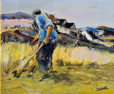 une peinture à l'huile représentant un homme en train de labourer un champ, avec des vaches en arrière-plan