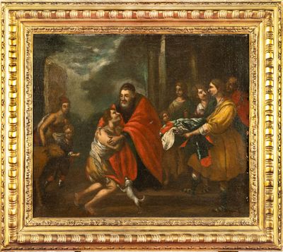 a painting of a painting of a man holding a child in his arms