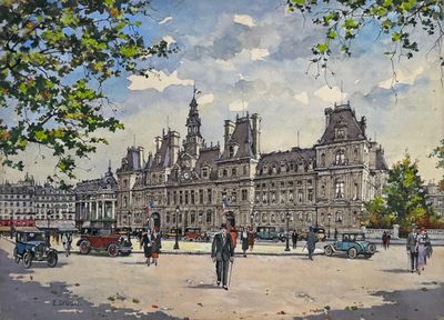 un tableau représentant des personnes marchant devant un grand bâtiment