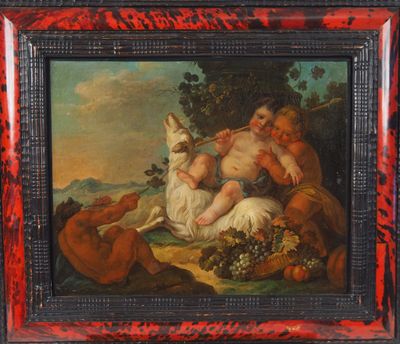 une peinture à l'huile sur toile représentant un couple et un chien dans un décor boisé