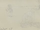 drawing of two men plowing a field with trees in the background
