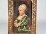 a painting of a young girl in a green dress holding a flower