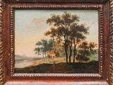 une peinture d'un paysage avec des arbres et une maison au loin