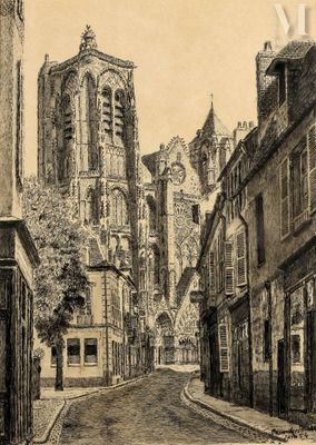 dessin représentant une rue avec des bâtiments et une église en arrière-plan