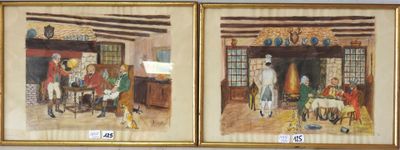 two paintings of people sitting at a table in front of a fireplace