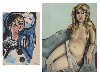 two paintings of a woman sitting on a couch next to a painting of a woman