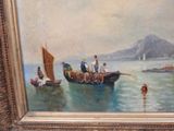 a painting of a group of people on a boat in the water