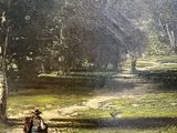 a painting of a man walking down a path in the woods
