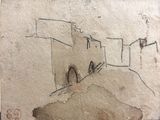 dessin représentant un château sur une colline, survolé par un oiseau