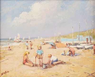 une peinture représentant un groupe de personnes sur la plage