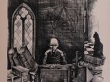 drawing of a man sitting at a desk with a cat in front of him