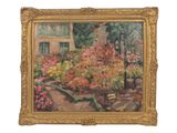 painting of a garden with flowers and a bench in front of a house