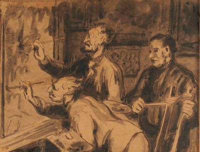 dessin représentant un homme et une femme assis à une table avec un chat